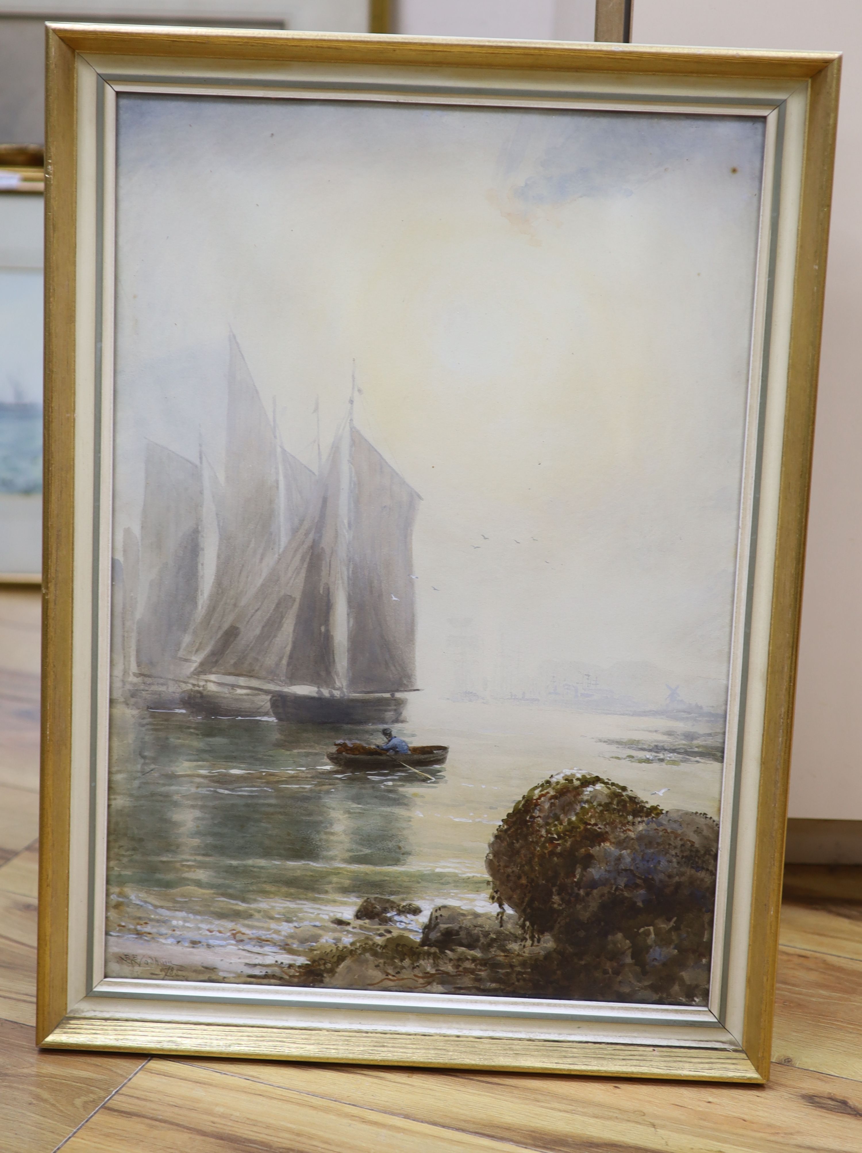 Benjamin Brassett Wadham (fl.1867-1883), watercolour, Fishing boats along the coast, signed and dated '85, 54 x 37cm